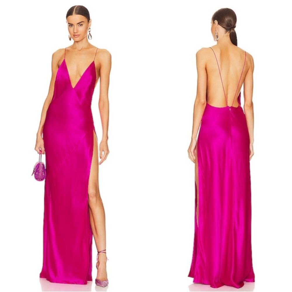RETROFETE Paloma Deep V Neckline High Slit Satin Neon Pink Maxi Dress Size Large